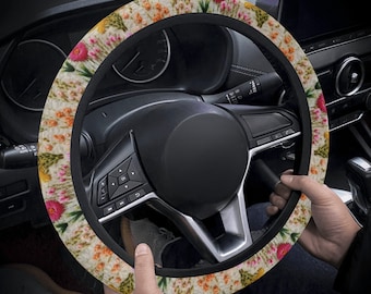 Funda para volante con flores silvestres rosas para mujer, estilo rústico, con bordado de imitación. Funda para volante de coche estilo cottagecore, funda floral estilo boho.