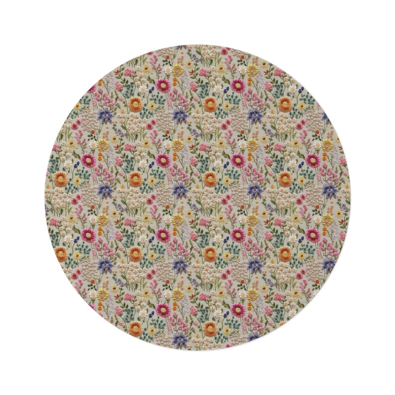 Summer Flower Bloom Round Rug Faux Embroidery, Round Area Rug Colorful ...