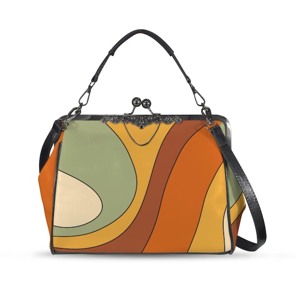 Retro Groovy Handbag Kiss Lock Purse Crossbody, Orange Shoulder Bag Vegan Leather Purse 70s