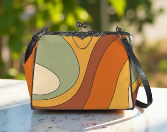Retro Groovy Handbag Kiss Lock Purse Crossbody, Orange Shoulder