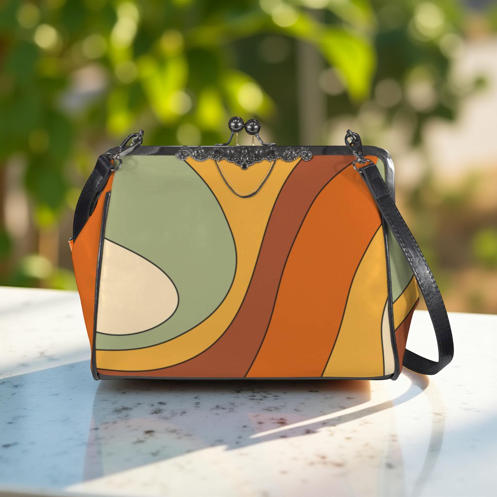 Retro Groovy Handbag Kiss Lock Purse Crossbody, Orange Shoulder