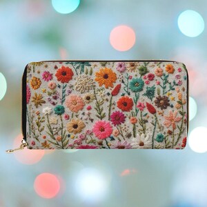 Summer Flower Wallet for Women Faux Embroidery, Boho Floral Zipper Wallet Cute, Cottagecore Clutch Wallet, Vegan Leather Purse, Gift for Her