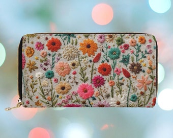 Summer Flower Wallet for Women Faux Embroidery, Boho Floral Zipper Wallet Cute, Cottagecore Clutch Wallet, Vegan Leather Purse, Gift for Her