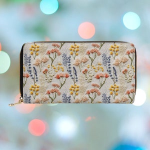 Wildflower Branches Wallet for Women Faux Embroidery, Boho Floral Zipper Wallet Cute, Cottagecore Clutch Wallet Vegan Leather, Gift for Her