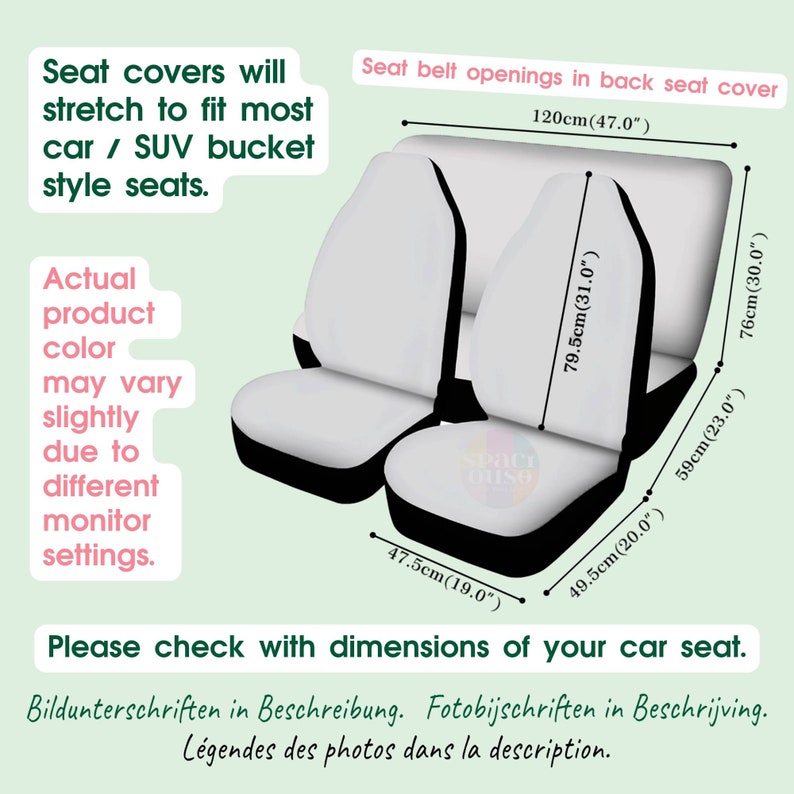 May include: A set of white and black car seat covers with dimensions labeled in inches and centimeters. The text includes: Seat covers will stretch to fit most car / SUV bucket style seats, Seat belt openings in back seat cover, and Please check with dimensions of your car seat.