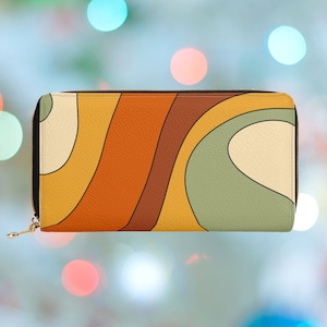 Cartera retro con estilo para mujer, cartera con cremallera de los años 70, bonita cartera de mano con monedero, monedero colorido de cuero vegano, regalo para ella