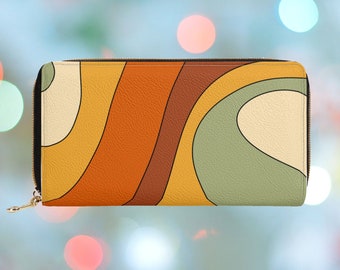 Retro Groovy Portfel dla Kobiet, Portfel Zipper z Lat 70., Uroczy Portfel Sprzęgłowy z Kieszonką Na Monety, Kolorowy Portfel Z Wegańskiej Skóry, Prezent Dla Niej