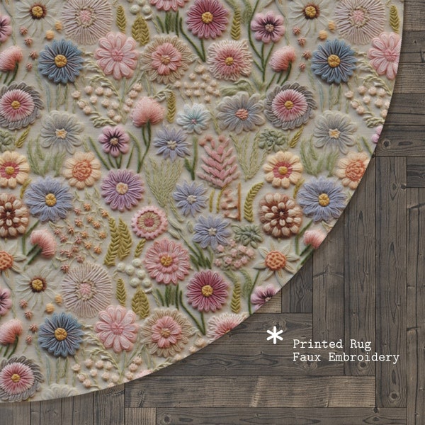 Pastell Blossom Teppich, runder Teppich mit Blumenmuster, Cottagecore Bodenmatte für Kinderzimmer Wohnzimmer Schlafzimmer Küche, Faux Stickerei
