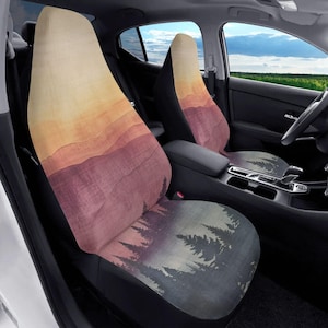 Pine Forest Sunset Car Seat Cover Set for Vehicle, Boho Landscape Art Car Decor