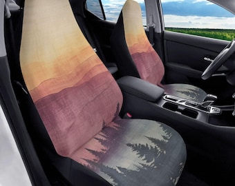 Pine Forest Sunset Car Seat Cover Set for Vehicle, Boho Landscape Art Car Decor