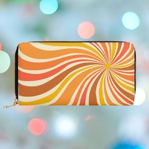 Cartera retro Sun Vibes para mujer, cartera con cremallera naranja y marrón, cartera grande con bolsillo para monedas, cartera de piel sintética vegana, regalo para ella