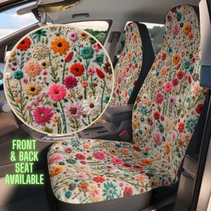 Summer Flowers Car Seat Cover for Vehicle Full Set, Faux Embroidery Car Seat Covers for Women, Boho Floral Cotagecore Car Decor, Car Gift