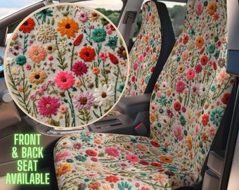 Summer Flowers Car Seat Cover for Vehicle Full Set, Faux Embroidery Car Seat Covers for Women, Boho Floral Cotagecore Car Decor, Car Gift