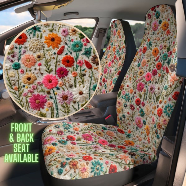 Sommer Blumen Autositzbezug für Fahrzeug Full Set, Faux Stickerei Autositzbezüge für Frauen, Boho Blumen Cotagecore Auto-Dekor, Auto Geschenk