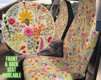 Pink Wildflower Car Seat Cover Printed Faux Embroidery, Cottagecore Seat Cover for Vehicle Full Set, Floral Car Cover for Car Seat for Women