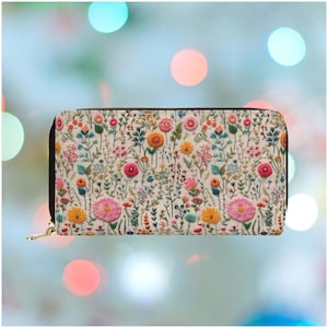 Kleine Wildblumen Brieftasche für Frauen Floral Reißverschluss Brieftasche mit Münztasche Vegan Leder PU Geldbörse Nettes Vegan Geschenk für sie FAUX Stickerei