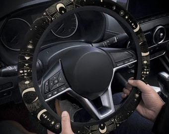 Boho Celestial Steering Wheel Cover Cute, Boho Moon Car Steering Wheel Cover for Women, Esoteric Aesthetic Black Car Wheel Cover Witchy