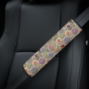 Pastel Blossom SeatBelt Cover, Boho Floral Car Seat Belt Cover, Cute Seat Belt Pad, Cottagecore Aesthetic Car Gift for Her, Faux Embroidery