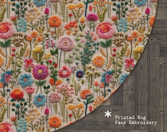 Regenboogbloemenweide, kleurrijk rond tapijt, rond tapijt met wilde bloemen, cottagecore-tapijt, bloementapijt voor kinderkamer, imitatieborduurwerk