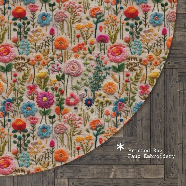 Rainbow Flower Meadow Rug, Colorful Round Rug, Wildflower Round Area Rug, Cottagecore Rug, Floral Rug for Nursery Bedroom, Faux Embroidery