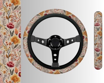 Pink Blossom Steering Wheel Cover Floral, Cottagecore Car Decor Accessories for Women, Faux Embroidery