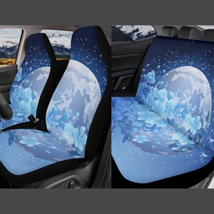 Cherry Blossom Car Seat Cover Full Set, Blue Moon Car Seat Covers for Women, Sakura Kawaii Seat Cover Set, Moon Seat Cover for Vehicle