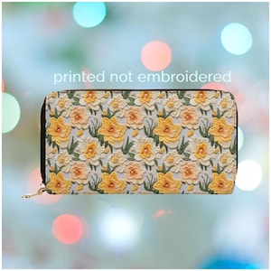 Daffodil Birthflower Wallet for Women Birth Flower Gift March Birth Month Flower Gift for Her Vegan Leather PU Zipper Wallet Faux Embroidery