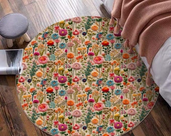 Ronde vloermat Rainbow Flower Meadow, kleurrijk tapijt met wilde bloemen, tapijt met bloemenaccent sponsachtig, zacht tapijt voor kinderkamer, imitatieborduurwerk