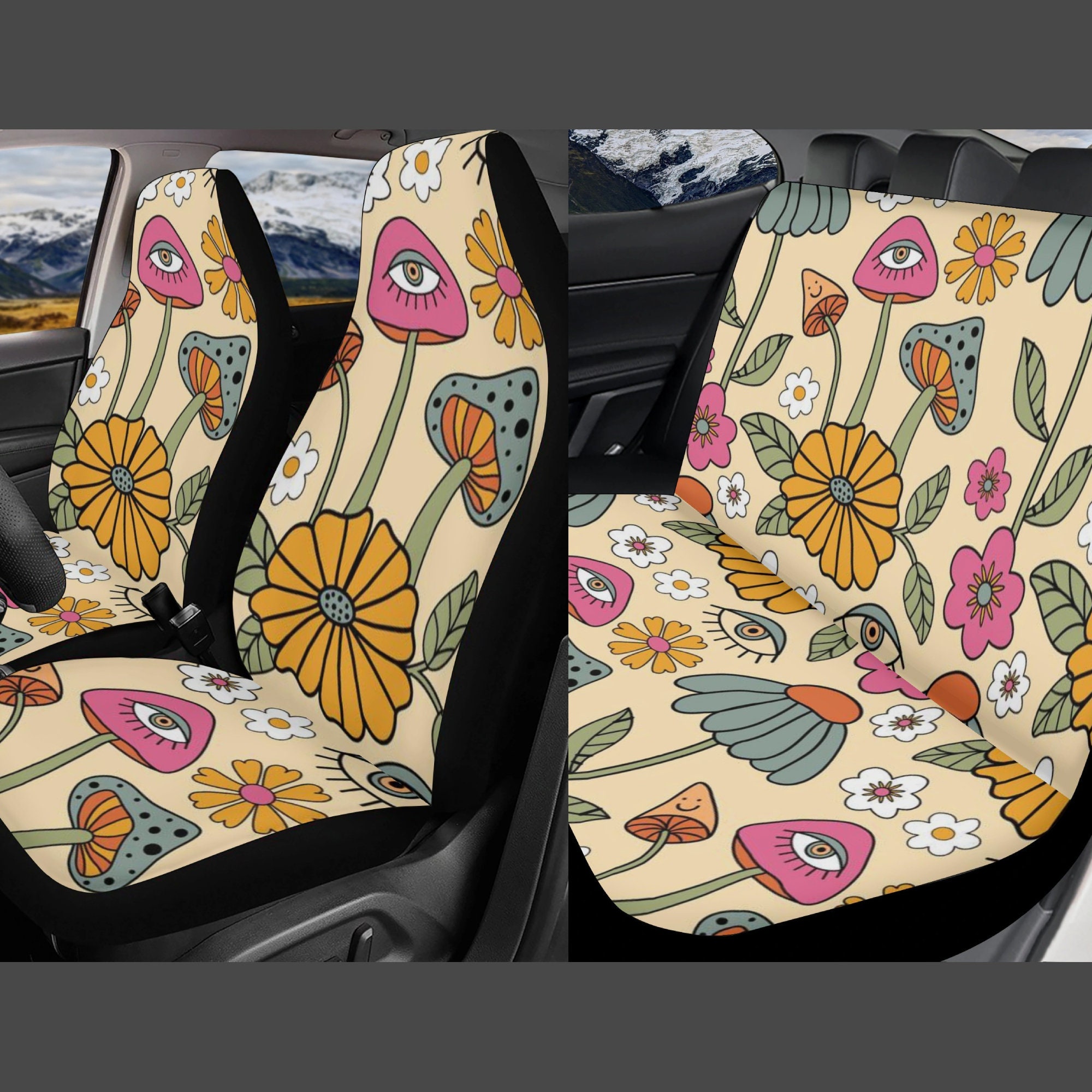 Retro Mushroom Car Seat Cover Full Set Magenta Seat Cover for Etsy