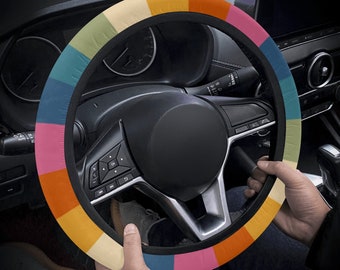 Retro Rainbow Stripes Steering Wheel Cover for Women, Colorful Car Steering Wheel Cover Cute, Car Wheel Cover, Aesthetic Car Decor, Car Gift