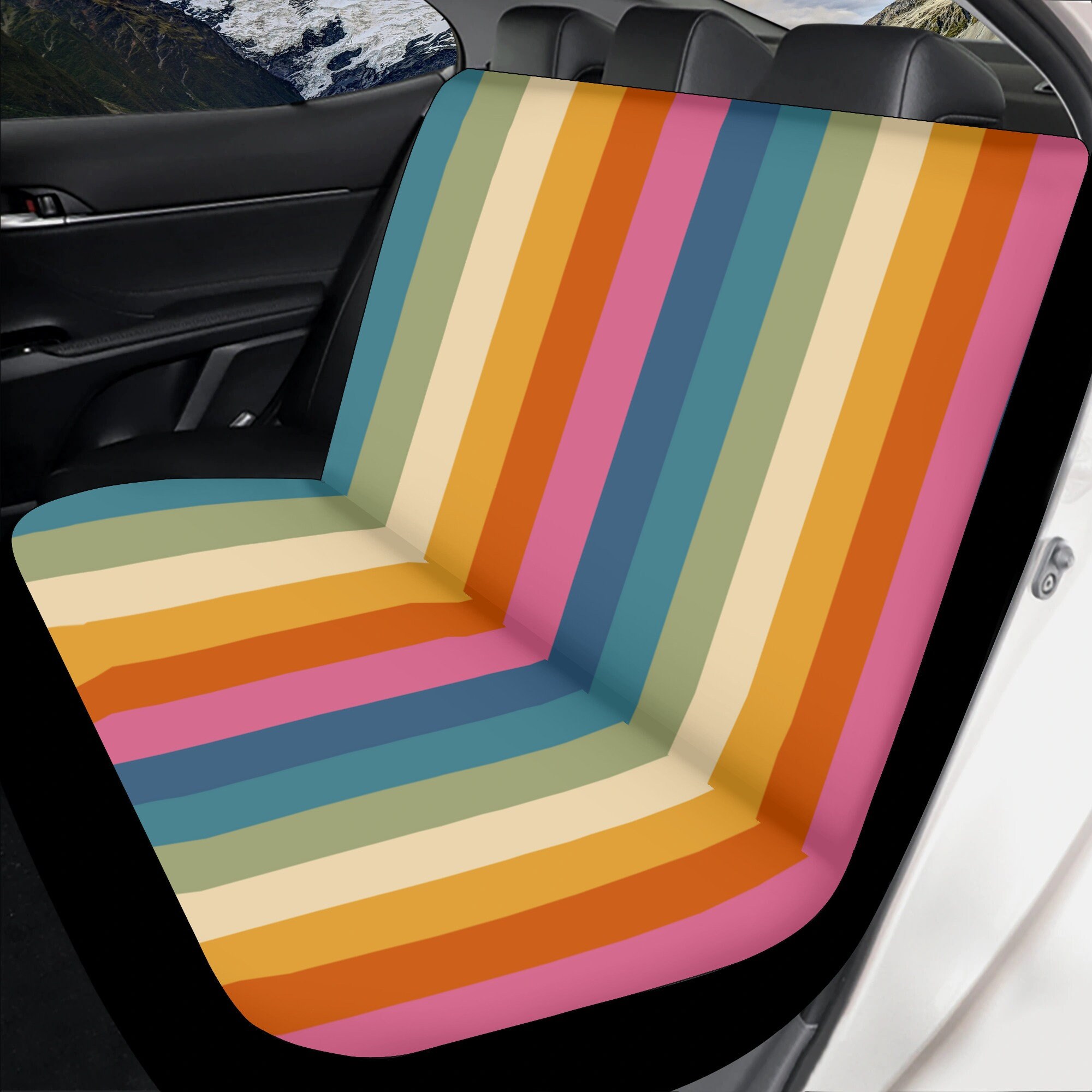Retro Regenbogen Auto Sitzbezug für Frauen Full Set niedlich, bunte 70er  Jahre vorne Eimer Sitz Rücksitzbezug für Fahrzeug, Boho Hippie Auto Dekor  Geschenk - .de