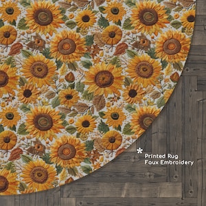 Sunflower Meadow Round Rug: Boho Floral Faux Embroidery (60 inches)