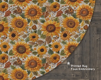 Sunflower Meadow Round Rug, Cottagecore Round Area Rug Yellow, Boho Floral Floor Mat for Living Room Bedroom, Nursery Rug, Faux Embroidery