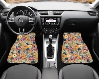 Golden Garden Car Mats Boho Floral Car Floor Mat Yellow Cottagecore Aesthetic Car Decor Gift for Her Vintage Floral Car Mat Faux Embroidery