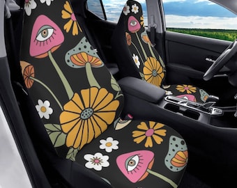Retro Mushroom Magenta Car Seat Cover Full Set, Black Cottagecore Seat Covers for Women, Car Seat Covers for Vehicle, Aesthetic Car Decor