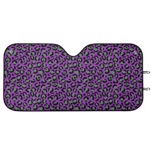 Può includere: Parasole per auto con stampa leopardata viola e verde con accenti neri.