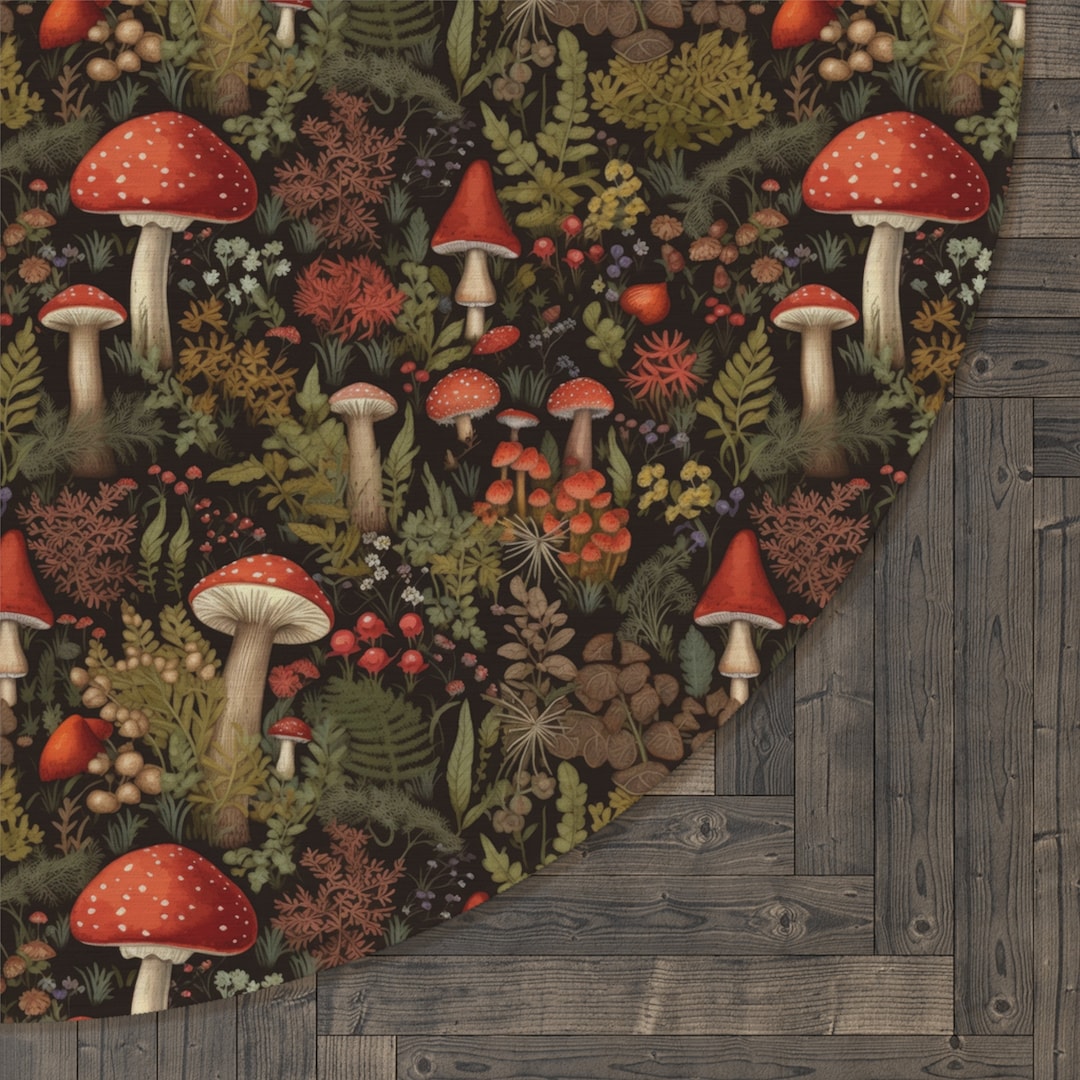 Meadow Mushroom Round Rug, Cottagecore Round Area Rug, Earthy Round