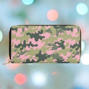 Portefeuille rose camouflage pour femme, joli portefeuille à fermeture éclair camouflage, pochette avec poche pour pièce, sac à main esthétique en cuir végétalien, cadeau pour elle