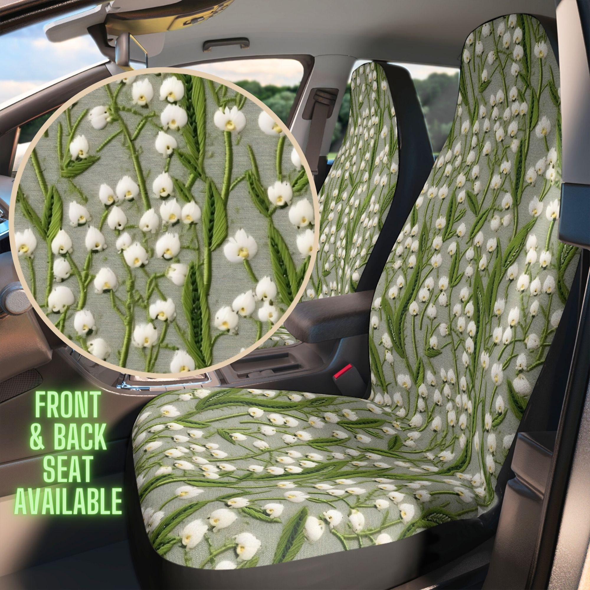 Lily of the Valley Car Seat Covers: Cottagecore Floral Faux Embroidery
