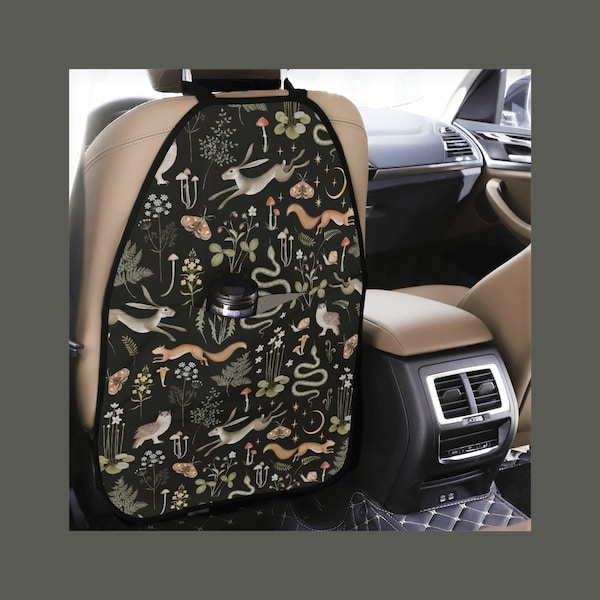 Enchanted Forest Kick Mat para asiento trasero de coche, lindo protector de asiento para niños impermeable, respaldo con múltiples bolsillos para colgar, organizador de coche