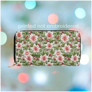 Holly Birthflower Wallet for Women Birth Flower Gift Dec Birth Month Flower Gift for Her Vegan Leather PU Zipper Wallet Faux Embroidery 12