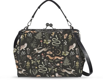 Enchanted Forest Kiss Lock Handbag Witchy Bag Vegan Leather Crossbody Purse with Handle