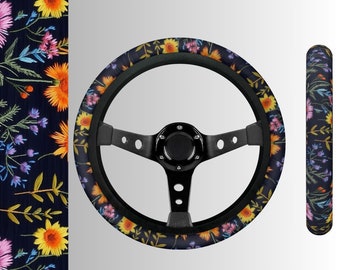 Midnight Wildflowers Steer Wheel Cover, Boho Floral Car Wheel Cover for Women, Cute Steering Wheel Cover, Aesthetic Car Decor, Gift for Her