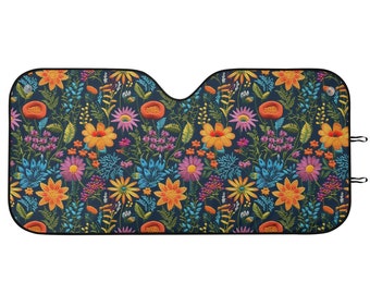 Midnight Bloom Windshield SunShade, Floral Sunshade for Car, Cute Sun Visor for Car Windshield, Aesthetic Car Decor Gift, Faux Embroidery