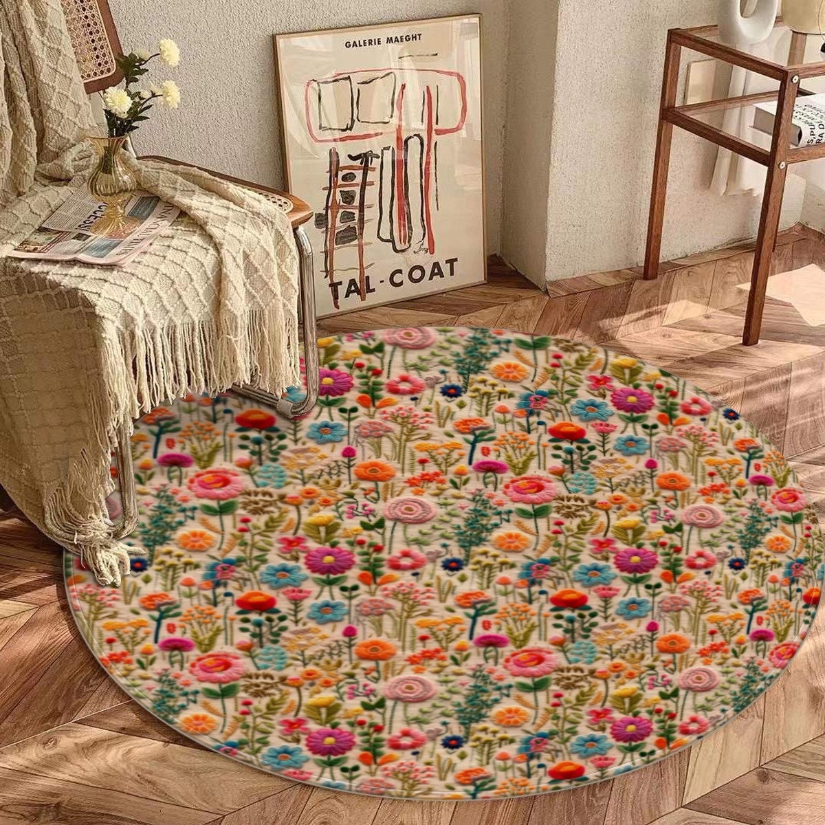 Rainbow Flower Meadow Round Floor Mat, Colorful Wildflower Rug
