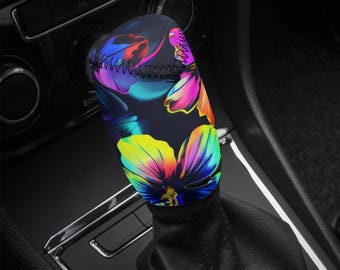 Copri pomello del cambio per auto Hibiscus Neon, copri pomello del cambio Aloha, copri pomello del cambio per auto Boho, copri pomello del cambio floreale, graziosi accessori per auto