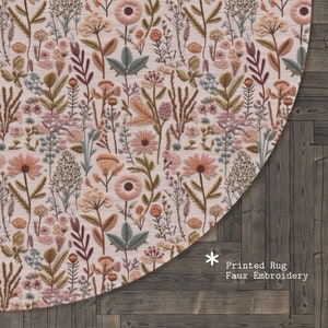Erdige Rosa Wildblumen Teppich Rund, Floral Runder Bereich Teppich, Cottagecore Runde Bodenmatte für Kinderzimmer Wohnzimmer Schlafzimmer, Faux Stickerei
