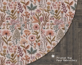 Aardachtig roze tapijt met wilde bloemen rond, rond tapijt met bloemen, ronde cottagecore-vloermat voor kinderkamer, woonkamer, slaapkamer, imitatieborduurwerk