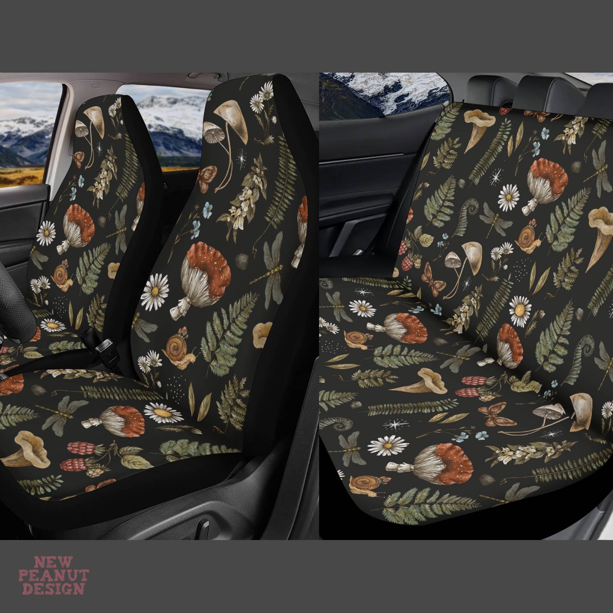 Black Mushroom Car Seat Cover, Cottagecore Seat Covers