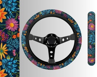 Midnight Bloom Steer Wheel Cover, Floral Car Wheel Cover for Women, Cute Steering Wheel Cover, Boho Car Decor, Gift for Her, Faux Embroidery